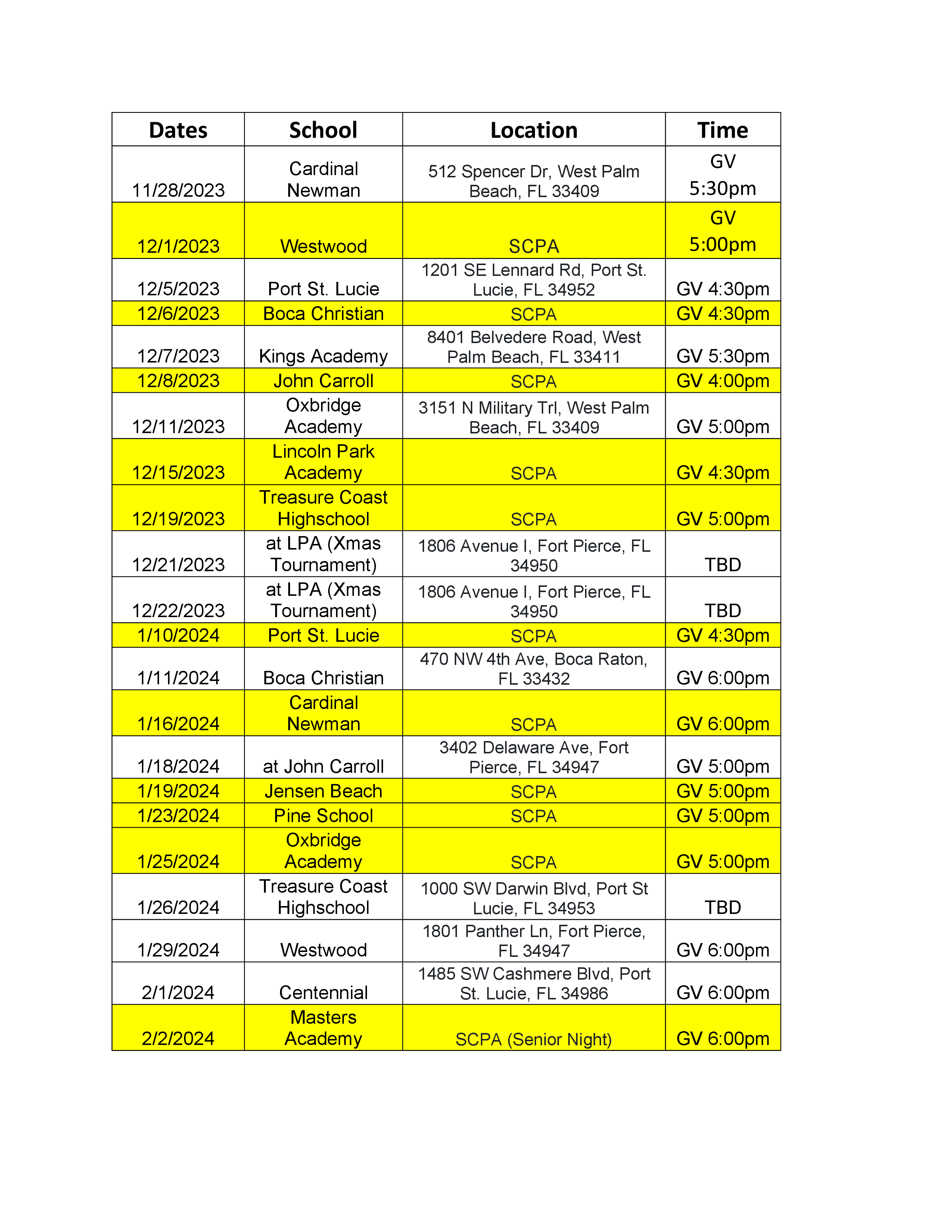 2023-2024 Girls Basketball Game Schedule	